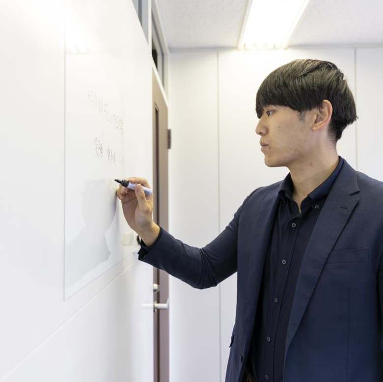 ホワイトボードの前で業務内容を検討する社員